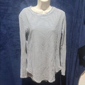 Cherish Black and White Striped Top with Brown Elbow Patches